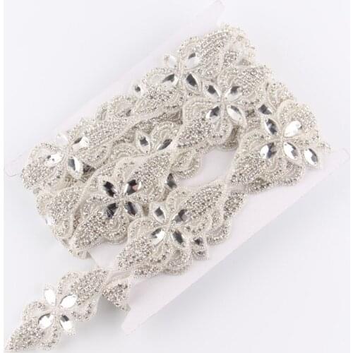 1Yard Sewing Bling Silver Base Rhinestone Applique Patch Trim Hot-Fix Crystal Beaded Rhinestone Trimming For Bridal Headwear