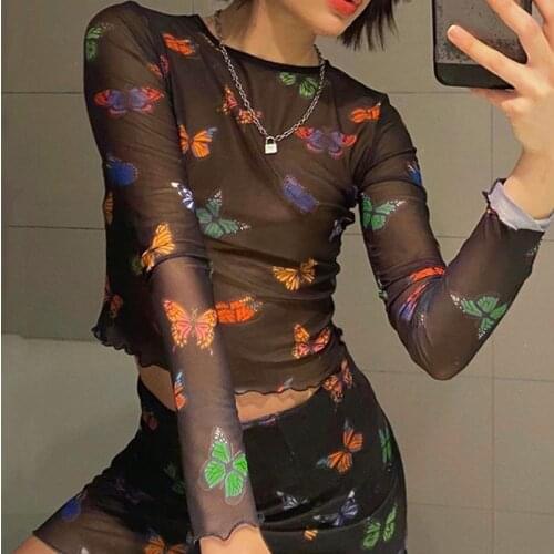 Butterfly Mesh Crop Top Cupid Sheer Long Sleeve Womens T-Shirt Harajuku Altgirl Outfit