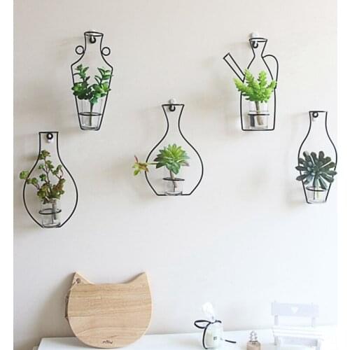 Nordic Ins Metal line Vase Wall Pendant Simulated Flower Craft Creative geometry Iron Flower Vase Wall Decoration Art Home Decor