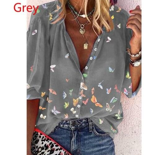 Tops Women Shirts Ladies Casual V-Neck Long Sleeve Female Top Butterfly Print Buttons Shirt for Women