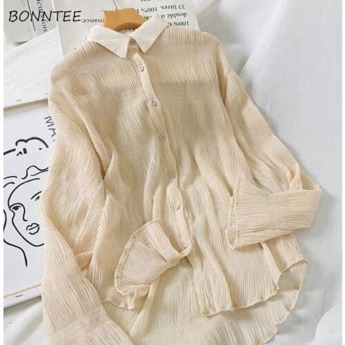 Shirts Women Elegant Oversize BF Style Spring Chiffon Pure Flare Sleeve Button Up Shirt Long Sleeve Soft Simple Design All-match