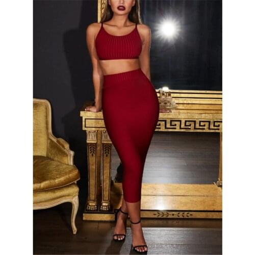 New Arrival Women Sets Strap Short Tops With Skirts Mid Calf 2 Pieces Bandage Sets Evening Party Clothes