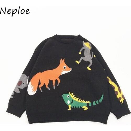 Neploe Childlike Animal Jacquard Woman Sweaters 2021 Autumn New O-neck Knitted Pullover Tops Student Girl Kawaii Sweaters Women