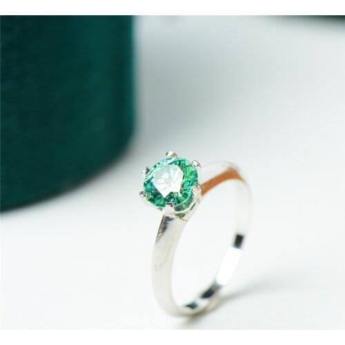 Silver 1 Carat Round Cut Emerald Diamond Ring Rhodium Plated Green Moissanite Past Diamond Test 6 Claw Wedding Ring for Women
