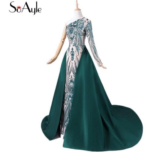SoAyle 2018 One Shoulder Sequin Lace Dark Green Detachable Train Satin Tail Prom Dresses Vestidos De Festa Formal Dress