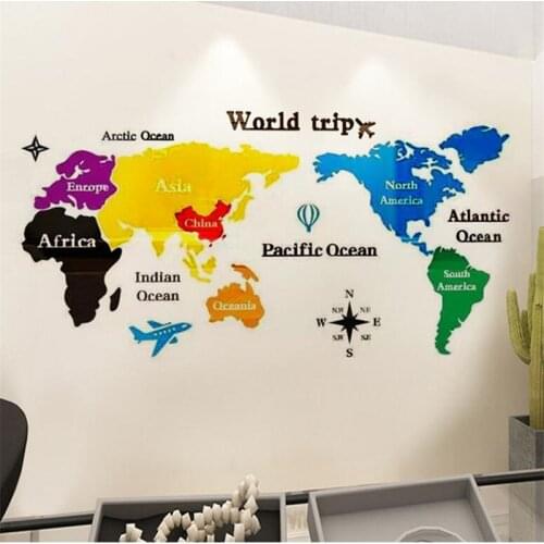 2021 new art wall decoration world map mirror acrylic color wall sticker 3d large map office living room home decor poster map