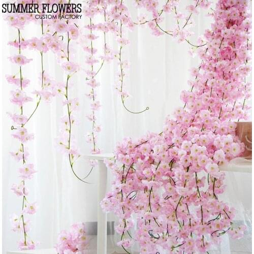 230cm Silk Sakura Cherry Blossom Vine Lvy Wedding Arch Decoration Layout Home Party Rattan Wall Hanging Garland Wreath Slingers