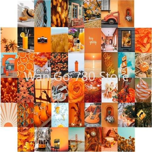 50Pcs Orange Aesthetic Nordic Style Landscape Postcard Photography Props Maple Guitar Picture for Wall Collage Set Home Decor