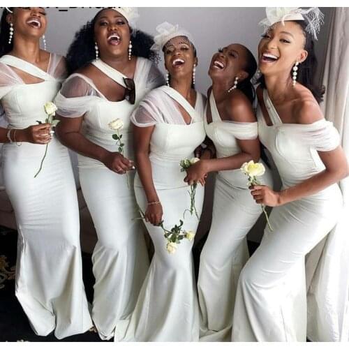 African Black Girls Bridesmaid Dresses 2020 New Sexy Mermaid White Satin Long Wedding Party Dress Women Formal Gowns Custom