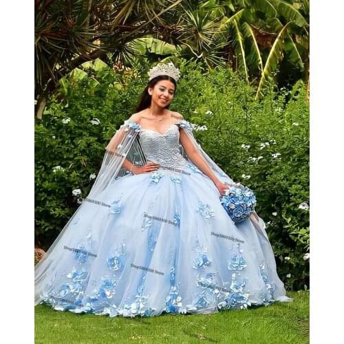 Sky Blue Ball Gown Quinceanera Dresses with cape vestidos de 15 años 2021 Applique floral Backless Sweet 16 Dress Pageant Gowns