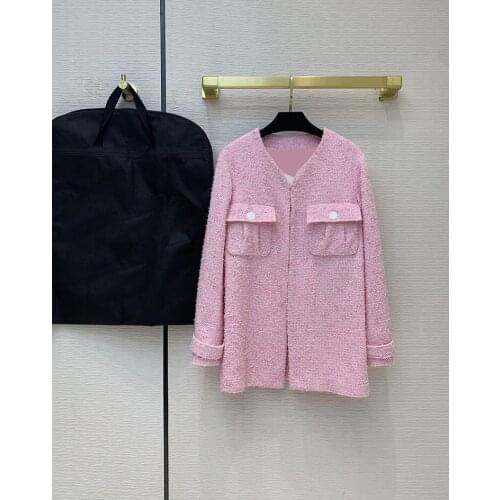 Brand Pink Long Luxury Coat 2021 Early Spring Women New High-end Jacket Double Pocket Woven Tweed V-neck Mid-length Coats