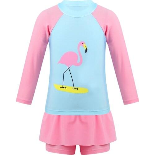 Kids Girls Tankini Long Sleeve Flamingo Printed Rash Guard Toddler Swimsuit Swimwear Bathing Suit Set Tops Skirts Shorts Bottoms