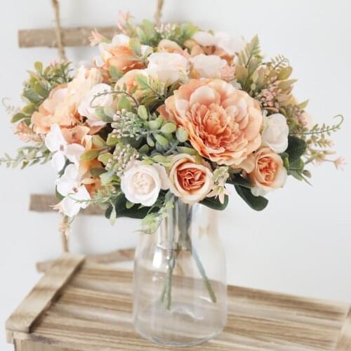 Autumn Artificial Peony Flowers Bride Silk Rose Bouquet DIY Wedding Home Garden Decoration Accessories Fall Hydrangea Fake Plant
