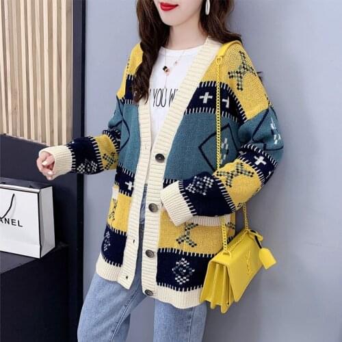 Cardigan Womens Coat Knitted Sweater Woman Loose Long Sleeve V-neck Pocket Sweater Autumn Winter Plus Size