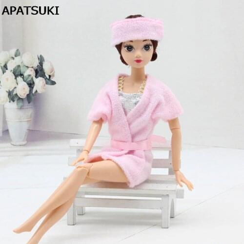 Set Pink Silver Clothes For Barbie Dolls 1/6 Pajama Costume Headband Sleepwear Bathrobe For 1:6 BJD Doll Accessories