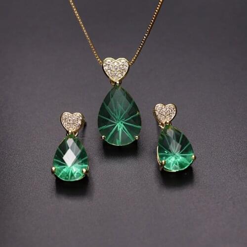 Unique design luxury Cubic zirconia Small Heart Water Drop Necklace Earrings Jewelry Set Gold color elegant Crystal Fashion sets