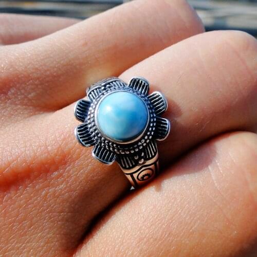 Petal Retro Style Sterling Silver Adjustable Ring Round 7mm Natural Lairmar Gemstone Jewelry S925 Lairmar Flower Ring