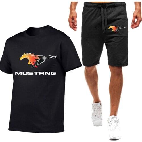 Mustang Car Logo Fashion Brand Mens Summer Sandy Beach Shorts short-sleeved Casual Sports Trend Suit Clothing pants+ t-shirts