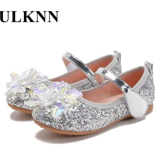 ULKNN New 2021 Crystal Flower Leather Shoes for Childrens Princess Pink Girl Single Sequined Shoes Kids Round Head Flat Shoes