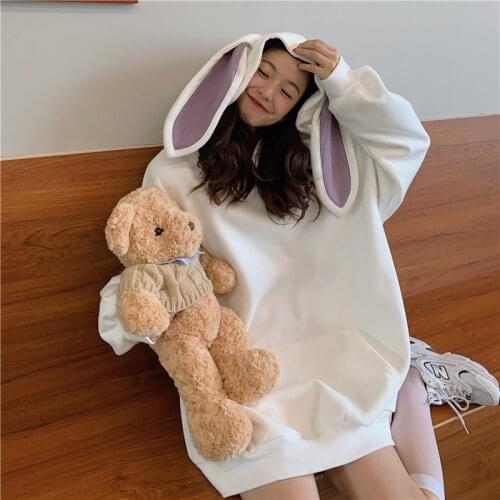 2021 New Indie Sweatshirt Women Kawaii Cute Girl Rabbit Ears Hoodies Solid Colors Mid Length Spring Autumn Pullovers Cottagecore