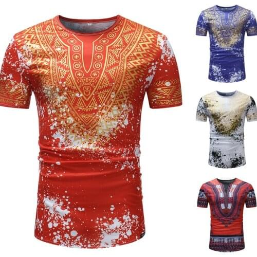 2020new T Shirt Short Sleeves African Dashiki Paint Splatter Cotton Slim Fit Top Tee Shirt for Men Tribal Hippy Africa Ankara