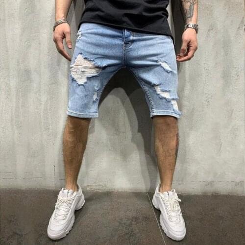 New Men Casual And Ragged Light Blue Jeans Adult Pockets Slim Fit Slim Waist Thin Men Running Pants Five-Point Pants