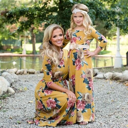 Flower print mother daughter dress full sleeve mommy and me matching clothes family look mom mum and baby girls dresses outfits