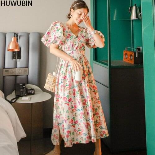 Summer New Womens Chic V-Neck High-End Temperament Lace Up Waist Bubble Short Sleeve Floral Dress Fashion Avant-Garde Dress