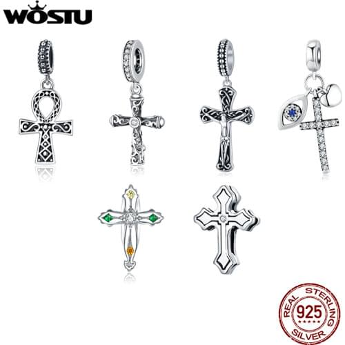 WOSTU 100% Real 925 Sterling Silver Cross Charm Zircon Bead Crosses Pendant Fit Original Bracelet DIY Necklace Religion Jewelry