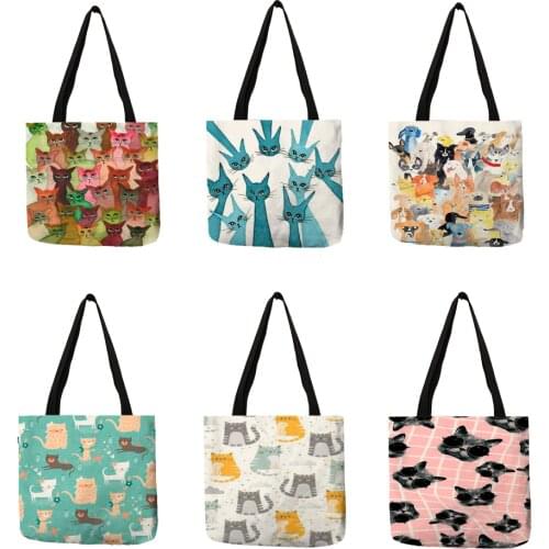 Ladies Girls Casual Portable Fashion Handbag Colorful Cartoon Cute Cat Kitten Printing Design Shoulder Bag Eco Linen Daily Totes