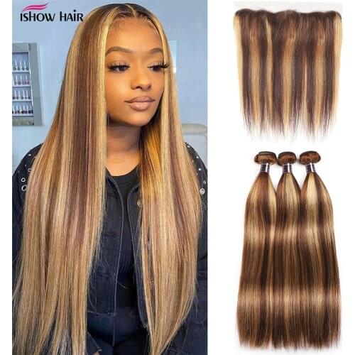 Ishow Highlight Bone Straight Bundles with Frontal HD Lace Frontal Brown Human Hair Bundles with Frontal 3 Bundles with Closure