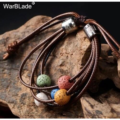 WarBLade Colorful Natural Stone Lava Beads Bracelets Multilayer Leather Lava Stone Bracelet Charms Wristband For Women Jewelry