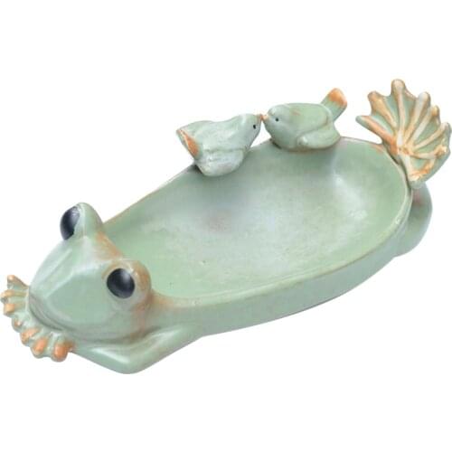 Garden Ceramic Bird Feeder Plate Frog Shape Bird Feeder Ornaments Multifunctional Retro Plate Balcony Succulent Flower Pot