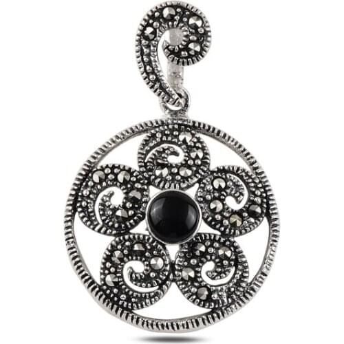 Silver 925 Sterling Onyx & Marcasite Pendant
