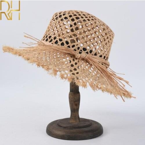 Raffia Straw Hats Women Summer 2020 Bow Hollow Out Breathable Wide Brim Sombreros Mujer Verano Beach Cap Straw Sun Hat Femme RH