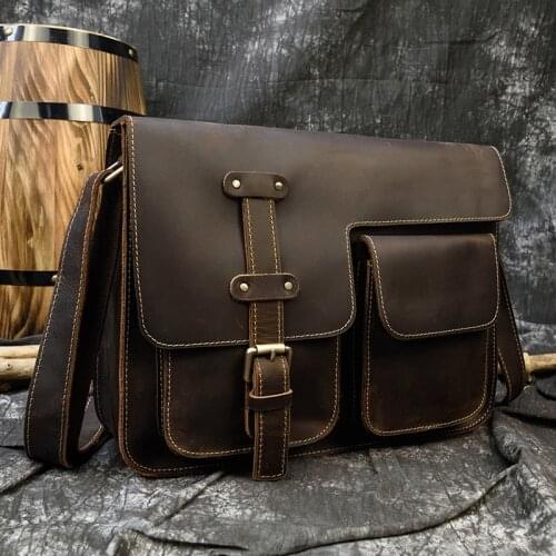 Crazy Horse Leather Men Crossbody Bag A4 Big Capacity Casual Genuine Cow Leather Shoulder Messenger Bag Male Business Work Bag