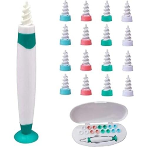 Ear Cleaner with 16 Replacement Heads Suction Cup Spiral Earwax Removal Tool Set E65F
