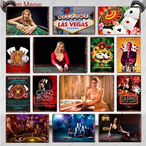 Vintage Casino Royal Party Metal Poster Las Vegas Wall Art Sticker Shabby Chic Tin Sign Lucky Lady Bar Beer Club Pub Decor WY130