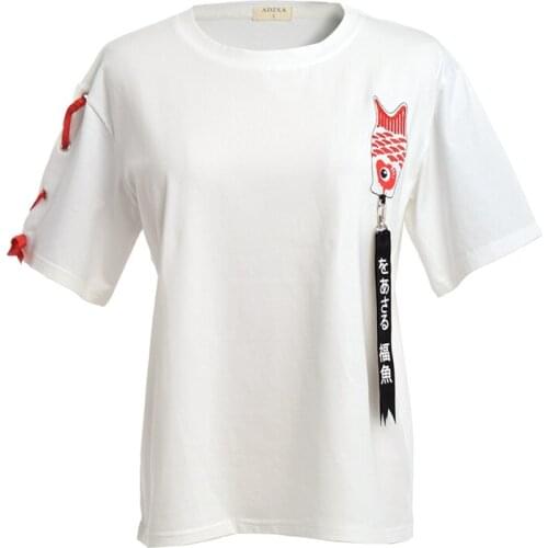 Women White Black Japanese Style Lucky Fish Embroidered Short Sleeve T Shirt Top Tee