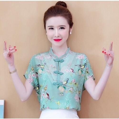 Floral chiffon shirt womens short-sleeved summer 2021 new temperament loose retro printing button stitching stand collar top