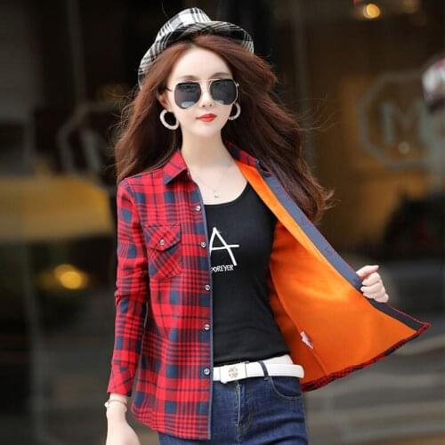 4XL Winter Shirts Warm Tops Women Long Sleeve Velvet Thick Blouse Long Outerwear Female Turn-down Collar Plaid Thicken Blusas