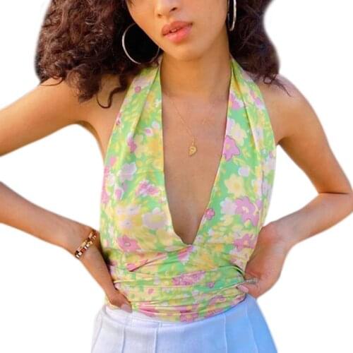 Women Summer Sleeveless Halter Crop Top Sexy Plunge Deep V-Neck Backless Camisole Boho Floral Print Tie Waist Beach Vest