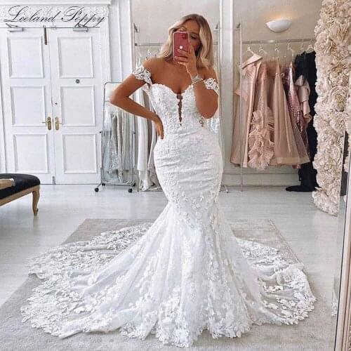 Lceland Poppy Sexy Mermaid Lace Wedding Dresses 2021 Plus Size Off the Shoulder Sleeveless Chapel Train Bridal Dress
