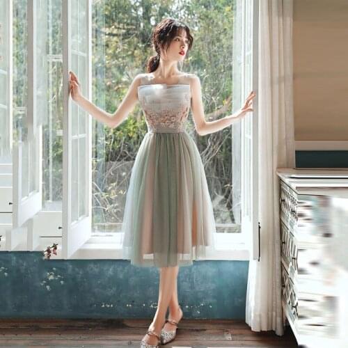 Evening Dress Elegant Pleat V-Neck Embroidery Empire A-Line Sleeveless Lace Up Tea-Length Tulle Woman Formal Party Gowns A1488