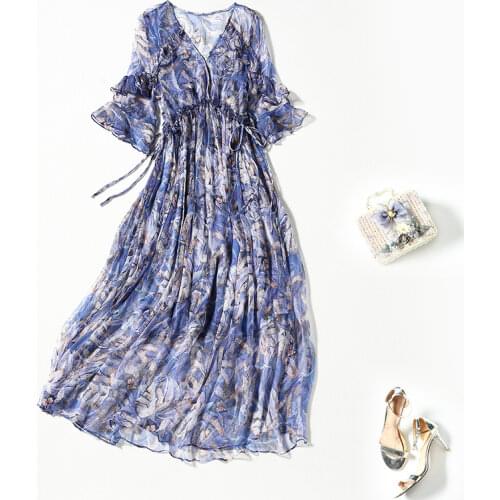 100% Silk Summer Dress for Women Casual 2021 Floral Long Dress Korean Fashion Ladies Dresses Two-piece Robe Femme Pph5033