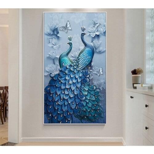 DIY diamond painting Blue Peacock full diamond living room with diamond painting of retro double peacock butterfly