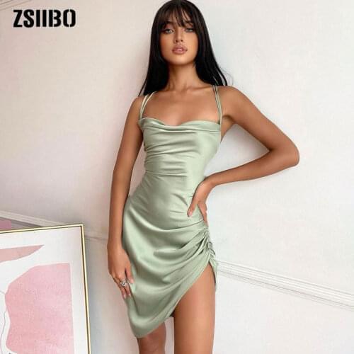 Satin Women Strap Mini Dress Ruched Lace Up Cross Bandage Backless Bodycon Sexy Party Elegant 2020 Club Christmas Slim