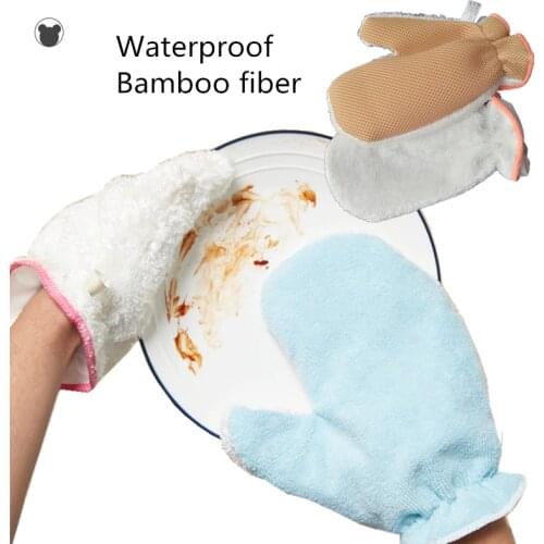 BEAR FAMILY 1 pair Waterproof dishwashing gloves Double layer Bamboo fiber kitchen gloves for washing dishes Lining rubber
