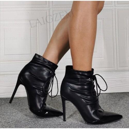 BERZIMER Women Ankle Boots Lace Up Stiletto Heels Booties Pleated Handmade Ladies Shoes Woman Botas Mujer Large Size 41 44 46 47
