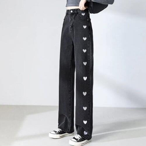 Fashion Printing Love Straight Jeans Women Plus Size 2XL Loose Vintage Denim Trousers Spring Autumn High Waist Wide Leg Pants